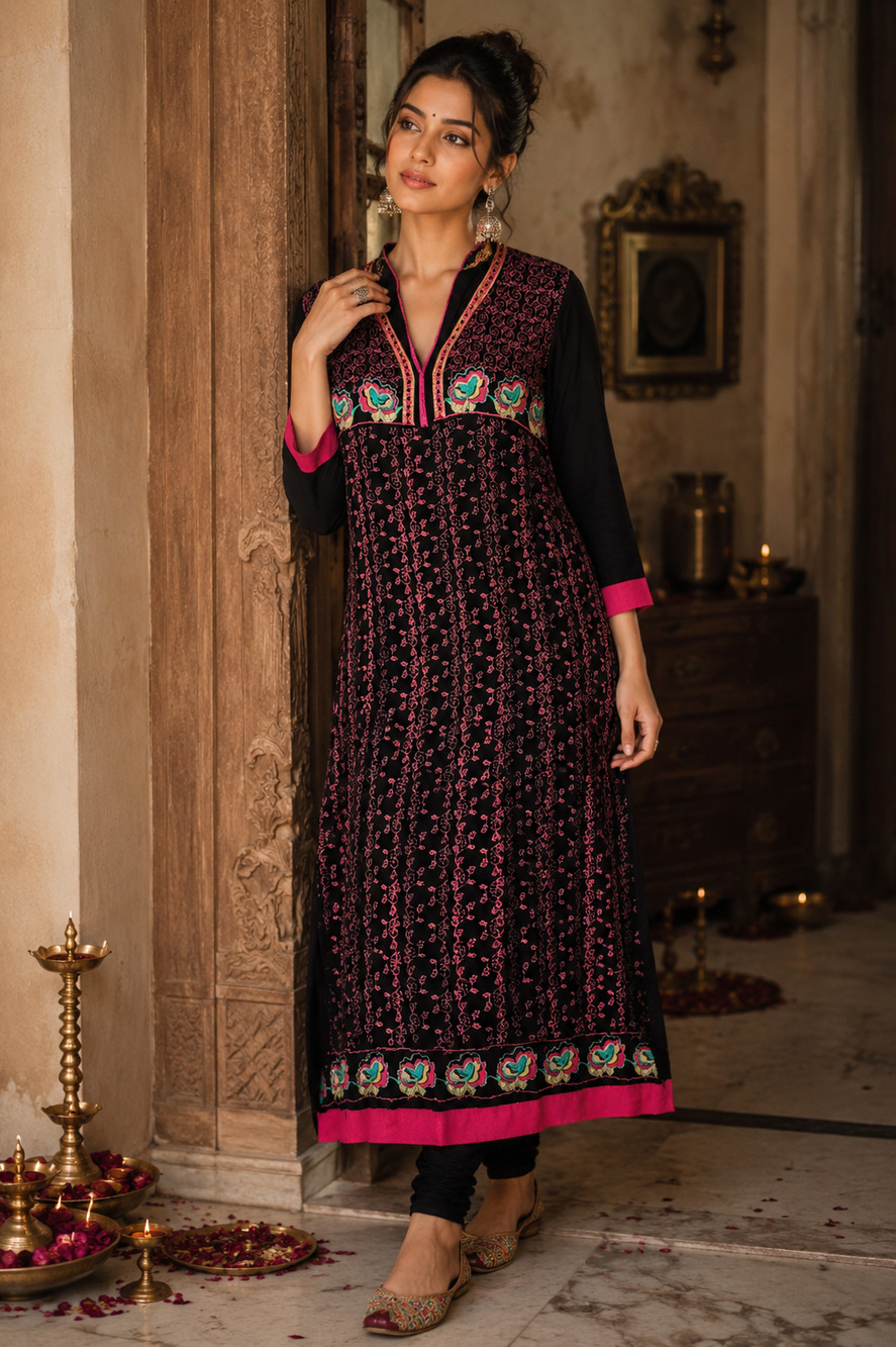 Embroidered Indian Kurta Dress Ethnic Boho Tunic Black Pink Floral Size Small